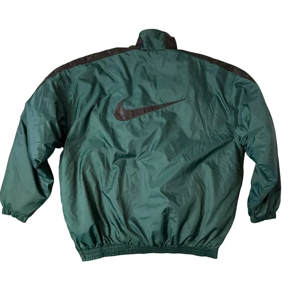 VTG Nike 90s Anorak Jacket Green Black Big Swoosh Quilted‎ L Pullover Kangaroo